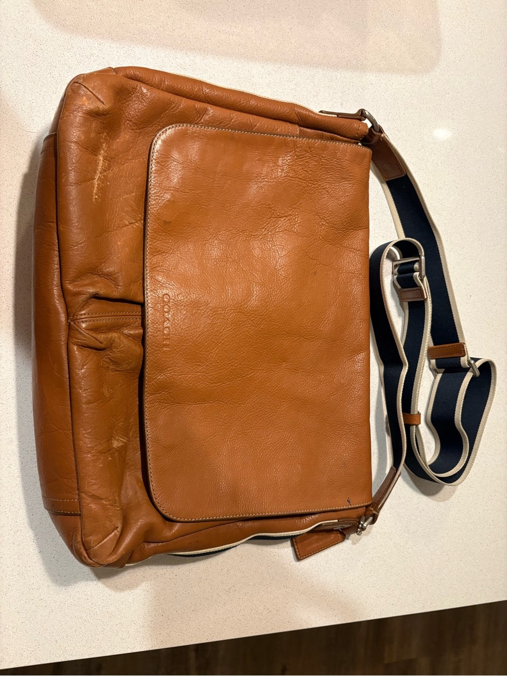 Coach Cognac Leather Messenger Bag with Navy & White Strap